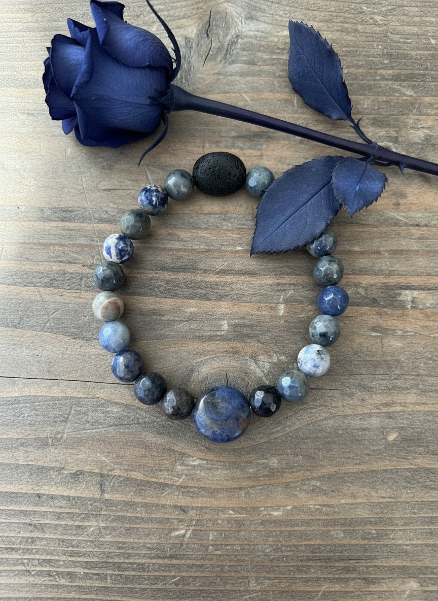 NEW - BRACELET - SODALITE GEMSTONES + LAVA COIN