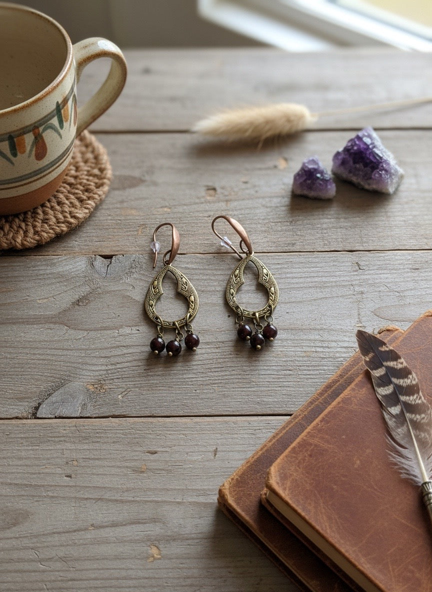 EARRINGS - Wild & Rooted Garnet Earrings – Antiqued Brass Boho Drops