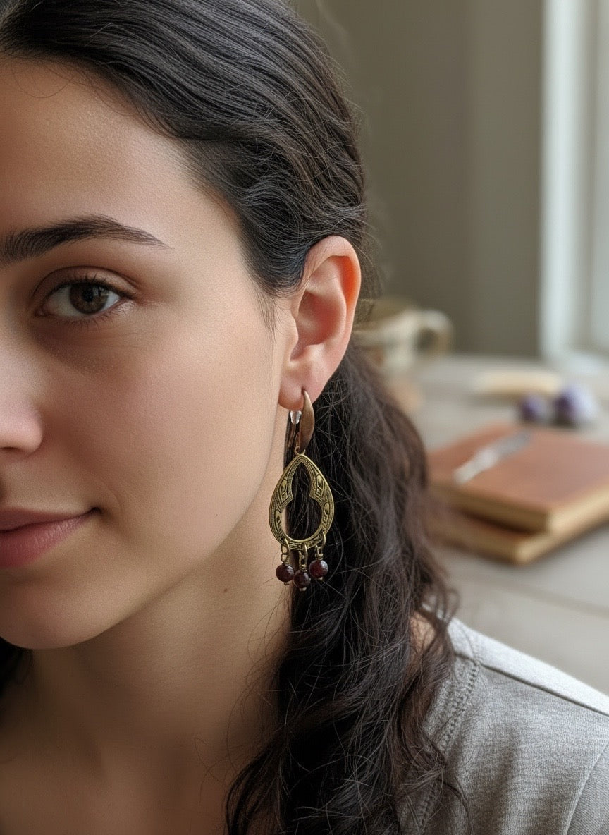 EARRINGS - Wild & Rooted Garnet Earrings – Antiqued Brass Boho Drops