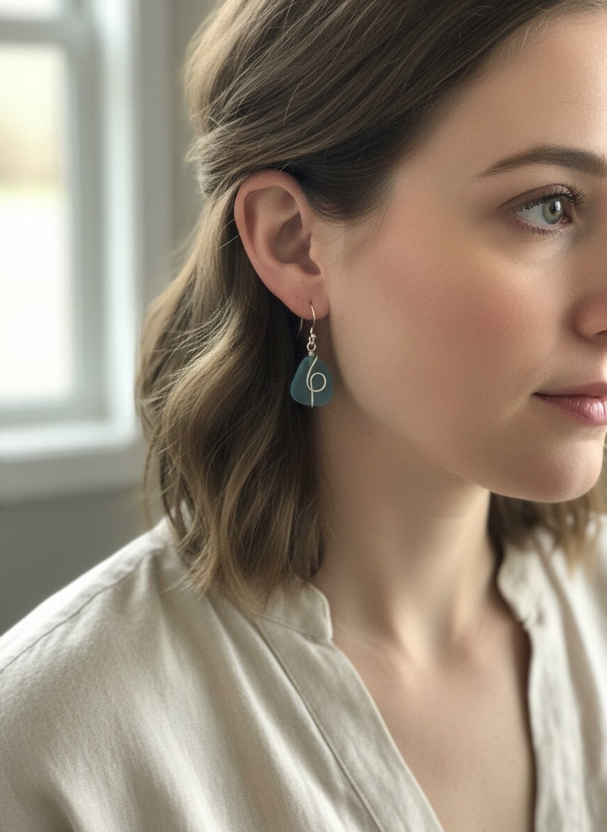 Earrings - Frosted Aqua Seaglass Dangle Earrings – Sterling Silver Wire Wrap