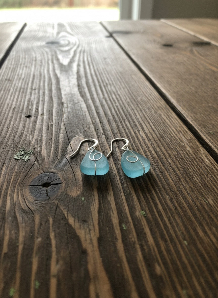 Earrings - Frosted Aqua Seaglass Dangle Earrings – Sterling Silver Wire Wrap