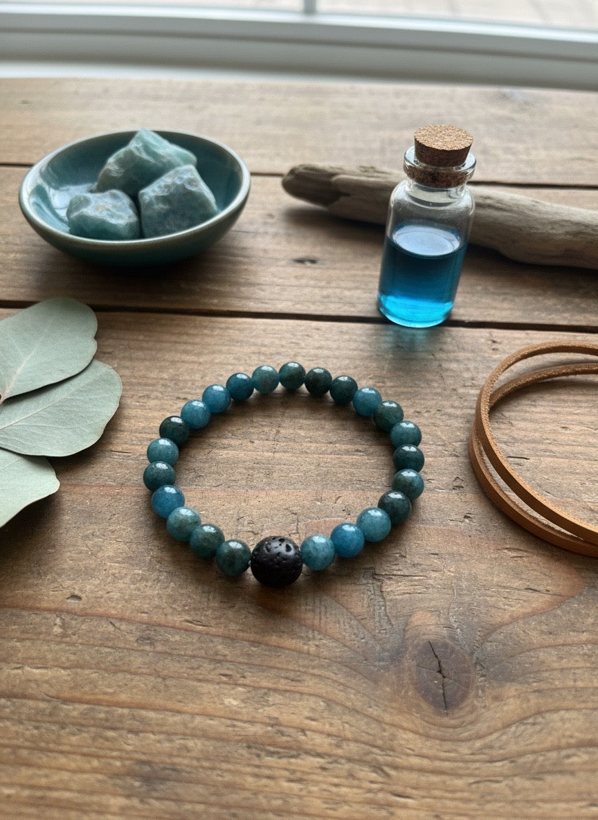BRACELET - Apatite Gemstone + Lava Bead Chunk