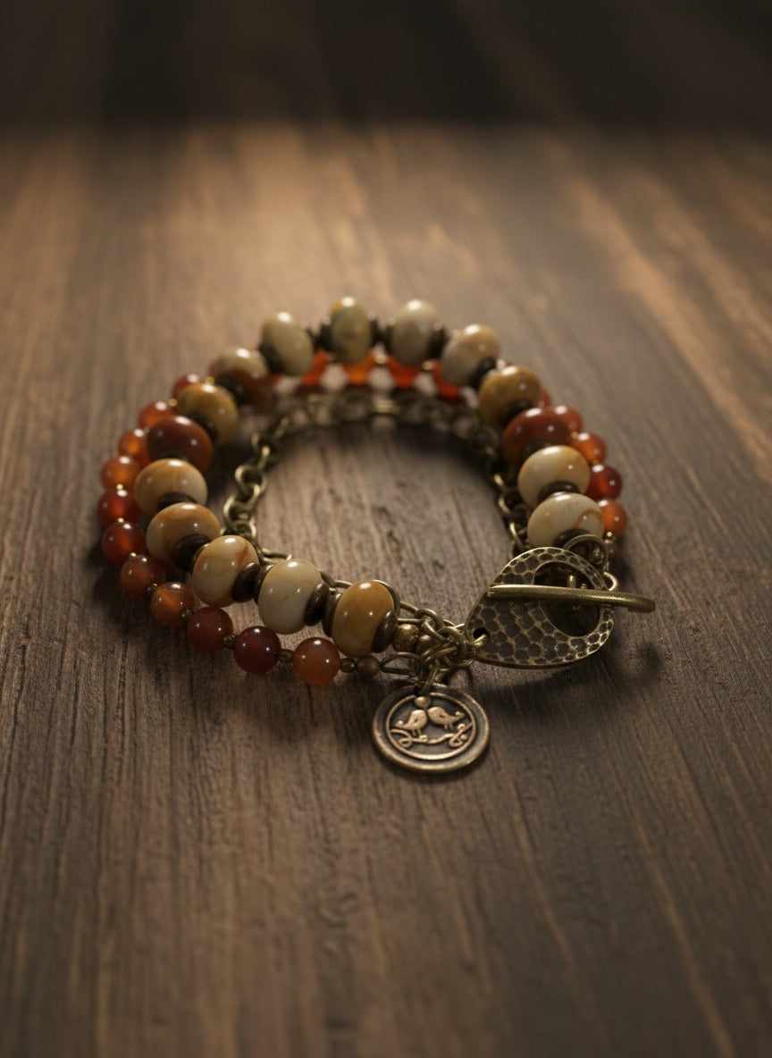 Wild & Rooted Triple Strand Gemstone Bracelet – Dyed Agate, Fire Agate & Mixed Metals