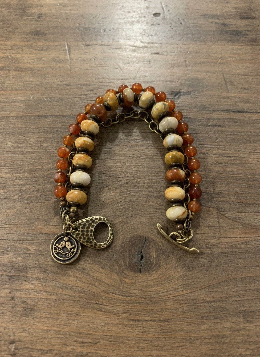 Wild & Rooted Triple Strand Gemstone Bracelet – Dyed Agate, Fire Agate & Mixed Metals