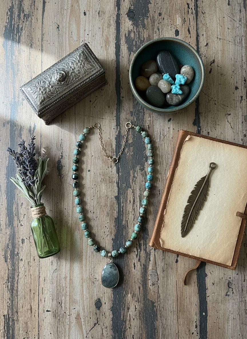 NECKLACE - GEMSTONES - “Tidal Roots”- African Turquoise & Prehnite Pendant - Handmade