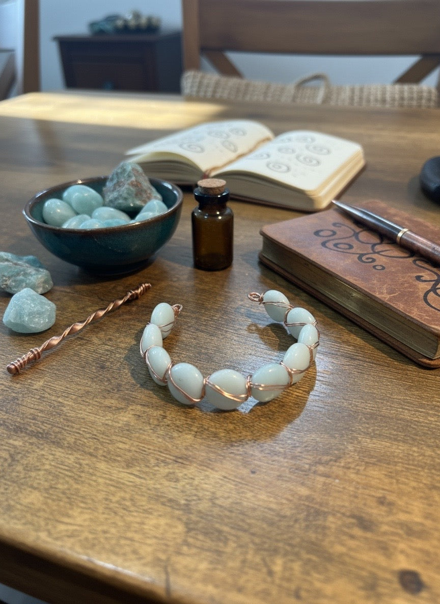 CUFF BRACELET- Copper Wire Wrapped Amazonite Coin Beads