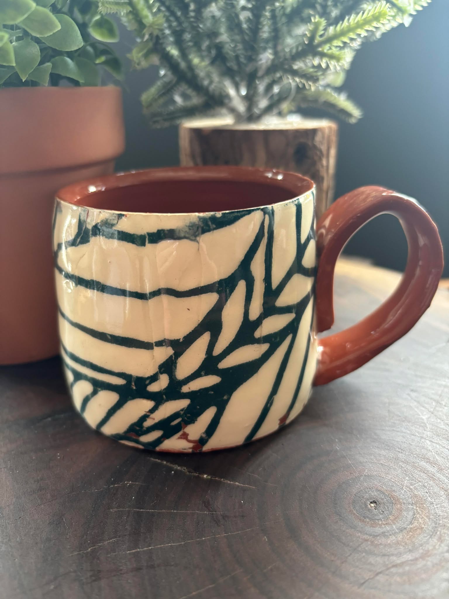"NEW" POTTERY MUG - BLUE LEAVES