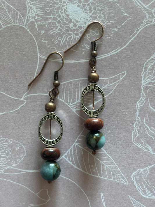 NEW - DROP EARRINGS - MIXED METALS + IMPRESSION + RED CREEK JASPER