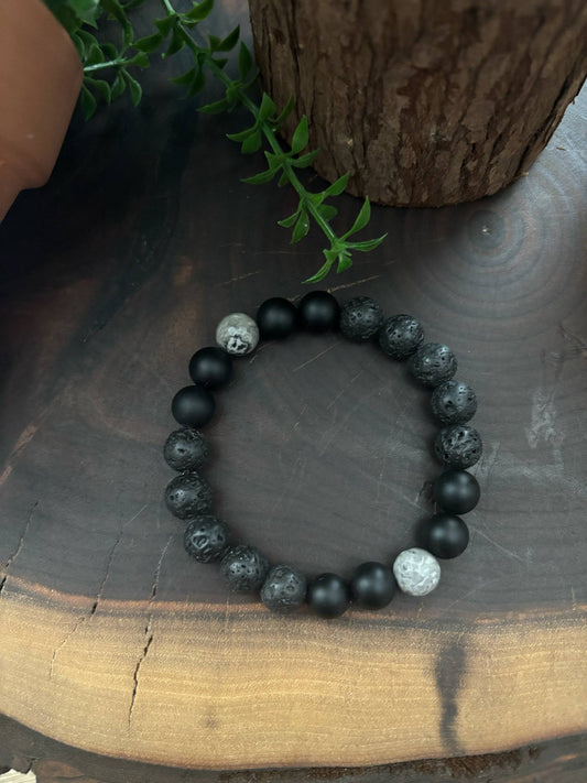 "NEW" BRACELET - MEN'S BLACK ONYX & GREY JASPER GEMSTONES