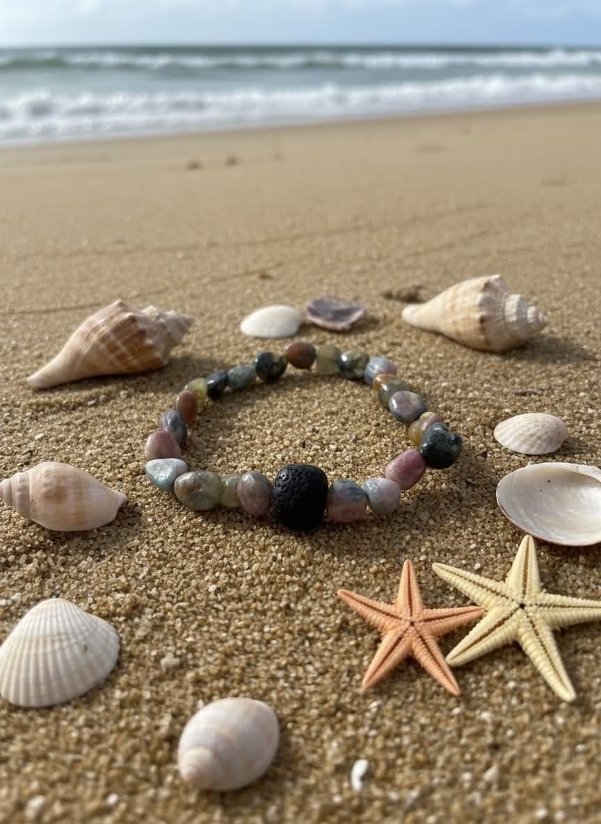 BRACELET - GEMSTONES - Rainbow Tourmaline + Lava Nugget