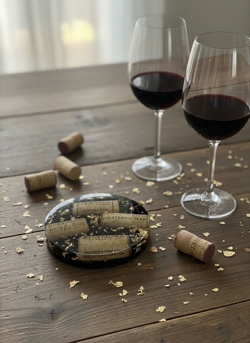 Wine Cork & Gold Leaf Resin Coasters – Rustic Luxe Decor