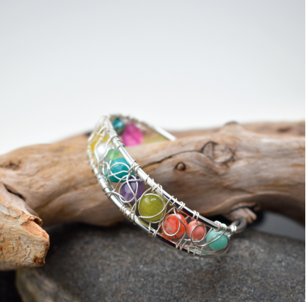 "NEW" CUFF BRACELET - WOVEN WIRE SUMMER GEMSTONES & CRYSTALS