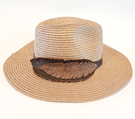 "NEW" FEDORA HAT - Womens Straw with Hand-Carved DOUBLE Feather Leather Band