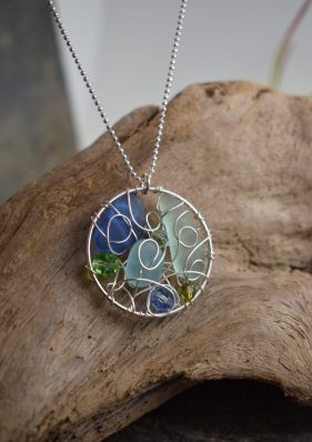 "NEW" NECKLACE - Seaglass & Swarovski Crystals Pendant Necklace Sterling Silver