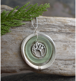 NECKLACE - TREE OF LIFE PENDANT -Pale Green Sea Glass - Sterling Silver
