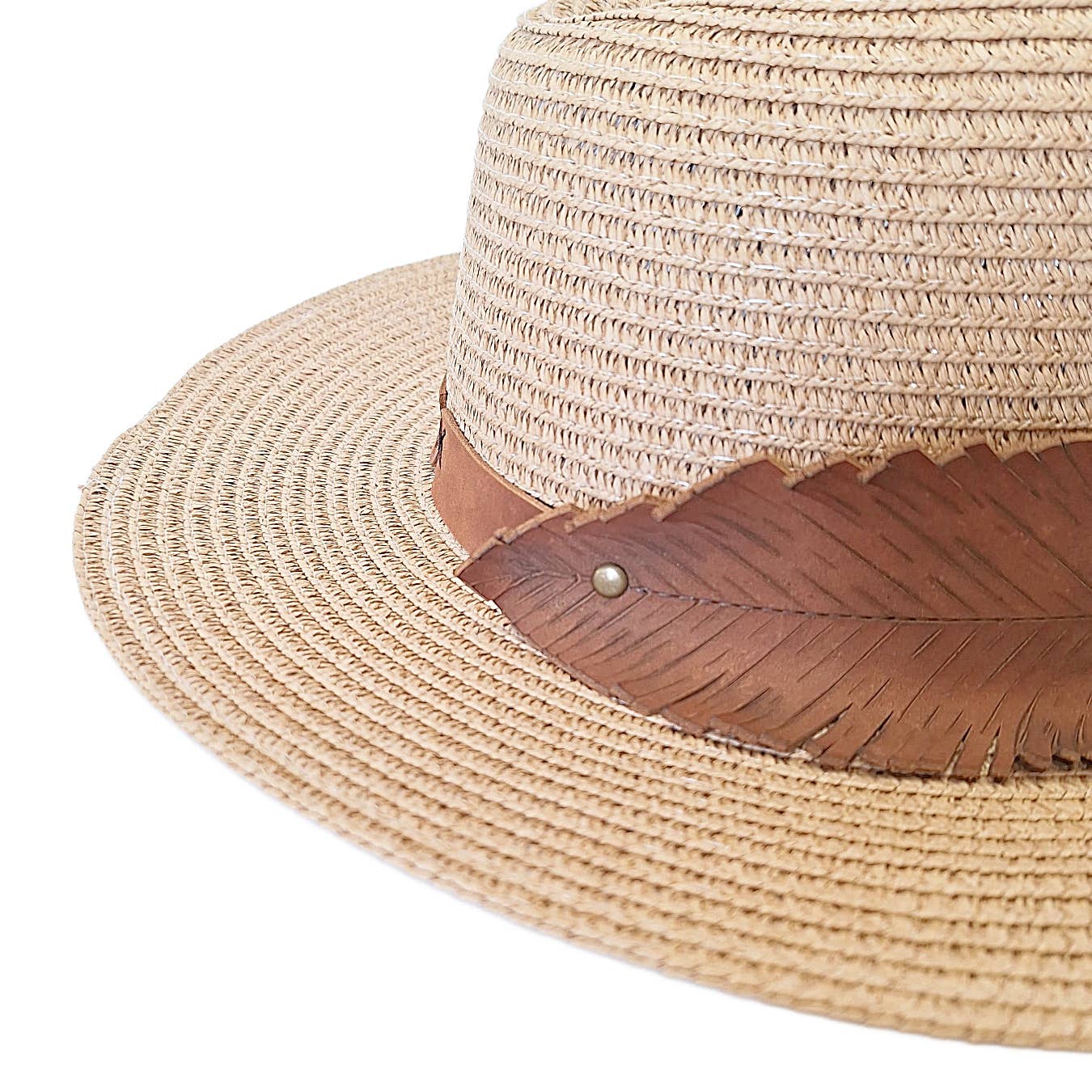 "NEW" FEDORA HAT - Womens Straw with Hand-Carved Feather Leather Band (Carmel)