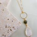 Necklace - Faceted Clear Quartz + Labradorite Stone - 28 Inch - Gold Plated