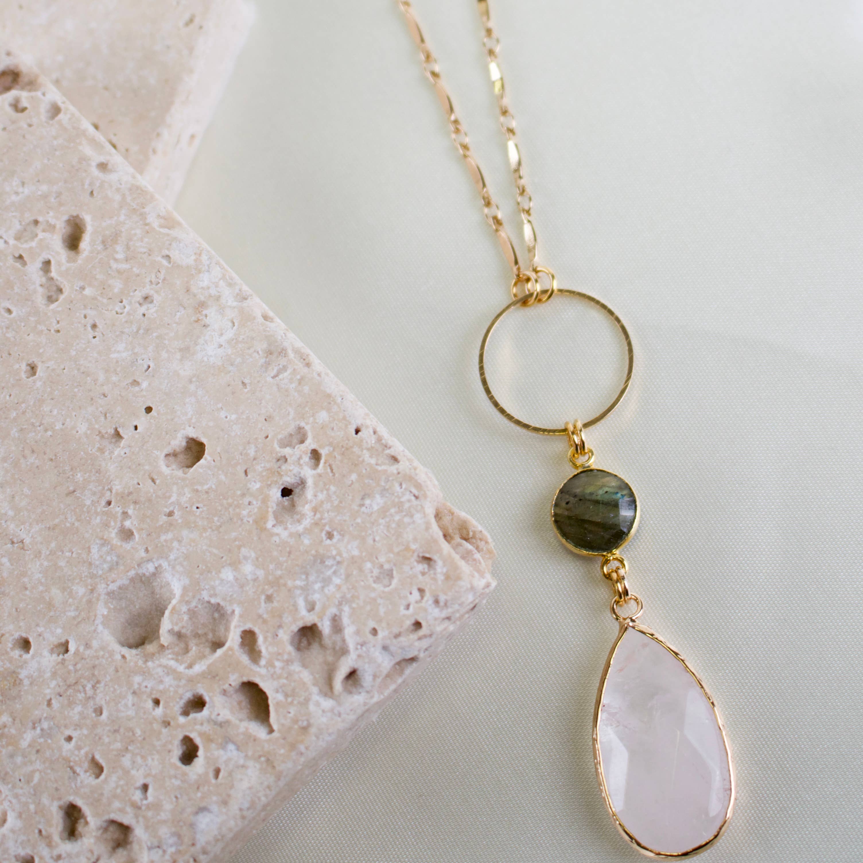 Necklace - Faceted Clear Quartz + Labradorite Stone - 28 Inch - Gold Plated