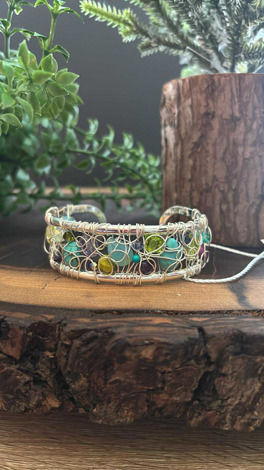 "NEW" WIDE CUFF BRACELET - WIRE WOVEN TURQUOISE, SWAROVSKI, SEAGLASS