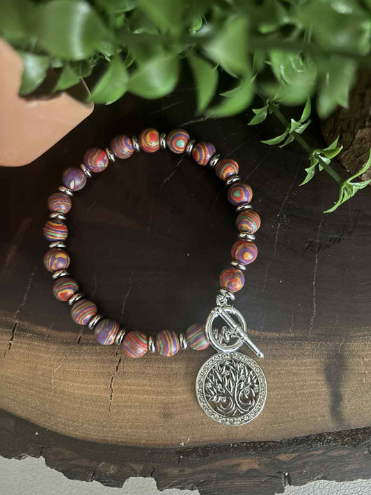 "NEW" BRACELET - COLORFUL MALACHITE & TREE OF LIFE  – 7.5”