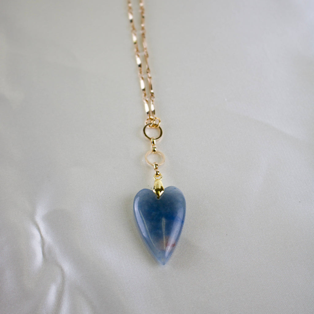 Blue Aventurine Gemstone Heart Necklace - 28 Inch - Gold Plated Chain