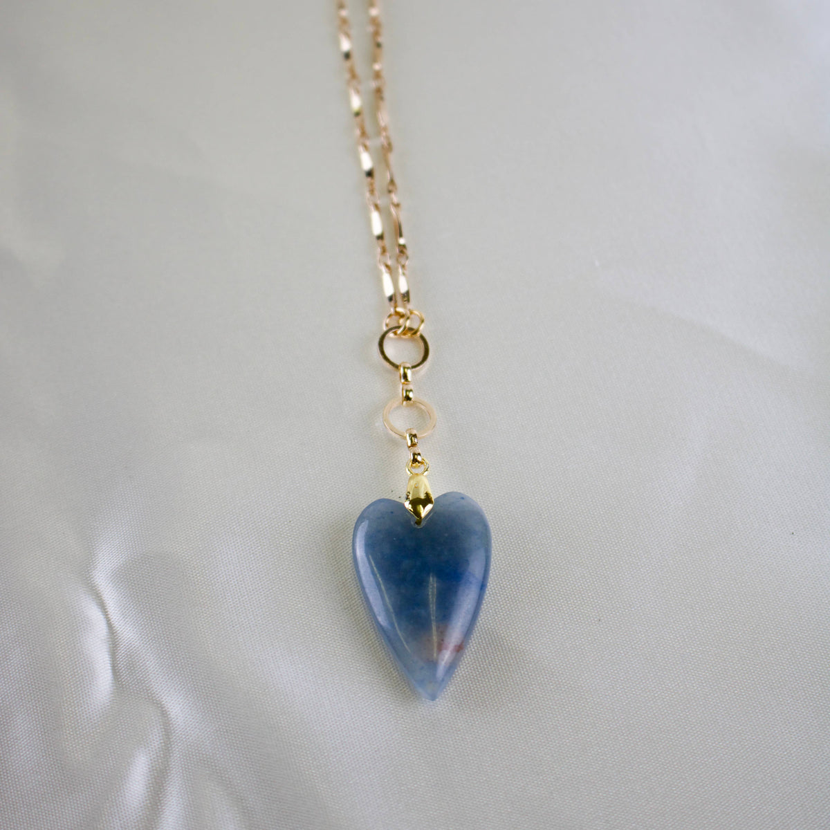 Blue Aventurine Gemstone Heart Necklace - 28 Inch - Gold Plated Chain