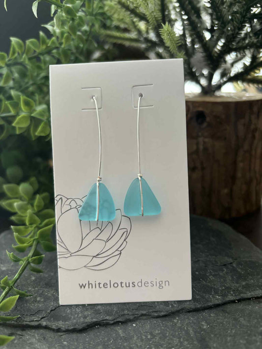 "NEW" EARRINGS - AQUA WRAPPED SUSPENDED SEA GLASS