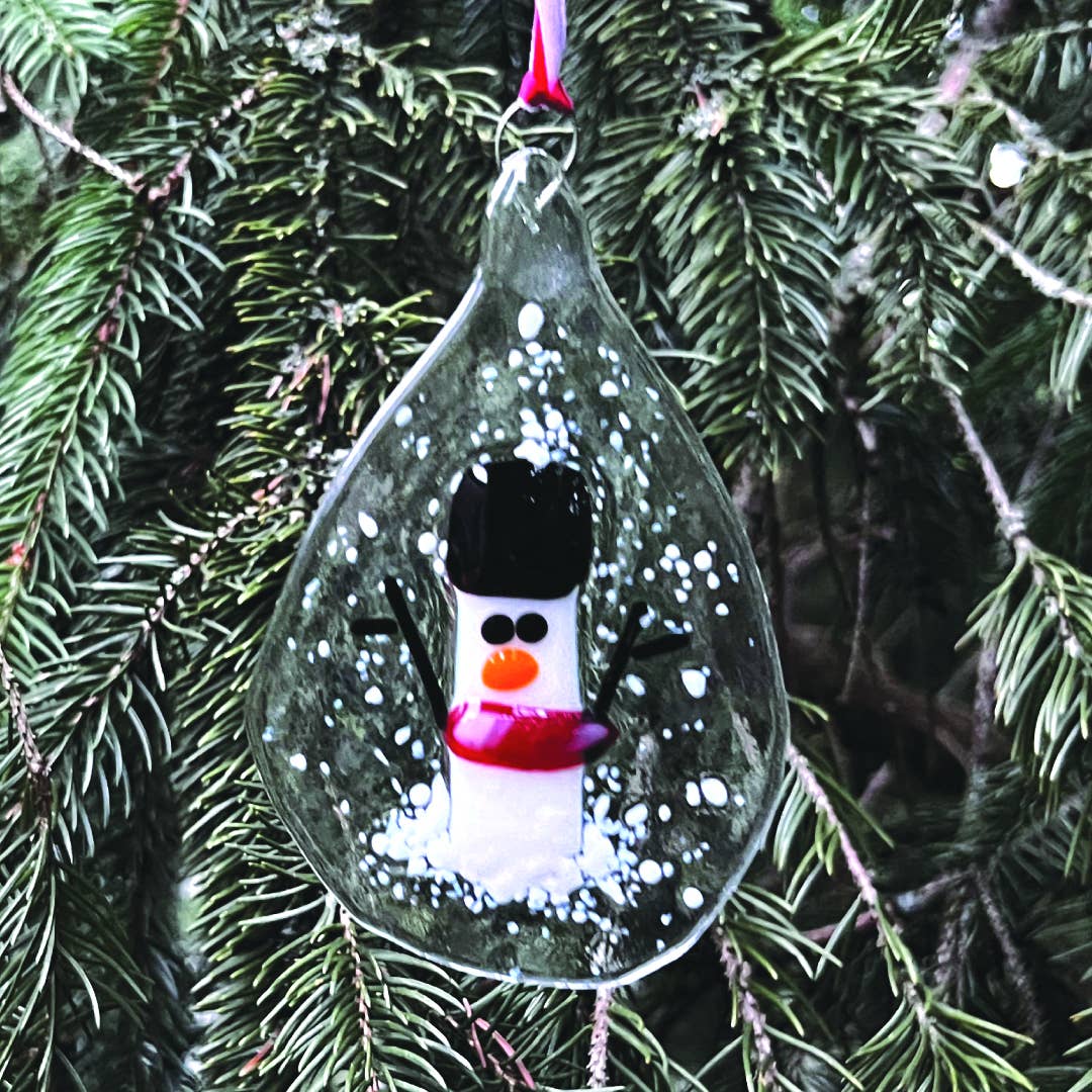 "NEW" CHRISTMAS ORNAMENT - INFUSED GLASS - Teardrop Snowmen Sun Catchers with Red Scarf