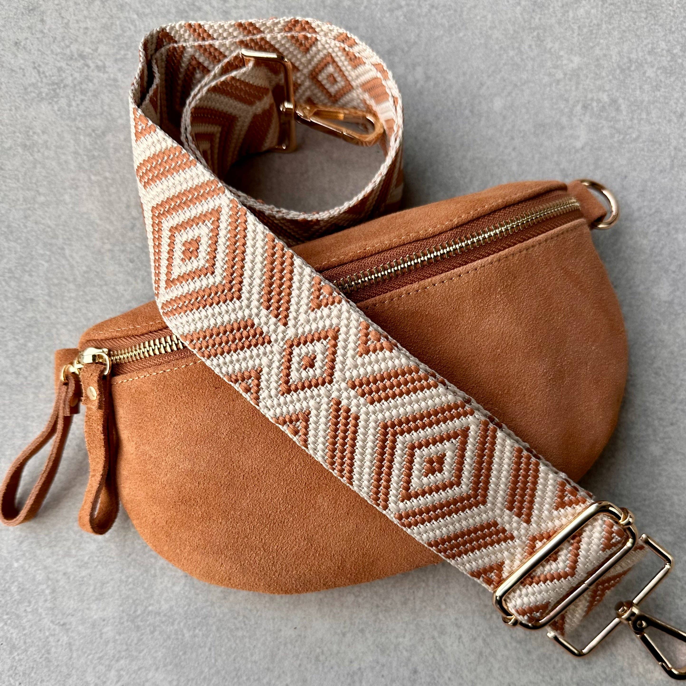 CROSSBODY BAG - TERRACOTTA Suede & Printed Wide Strap (Handmade)