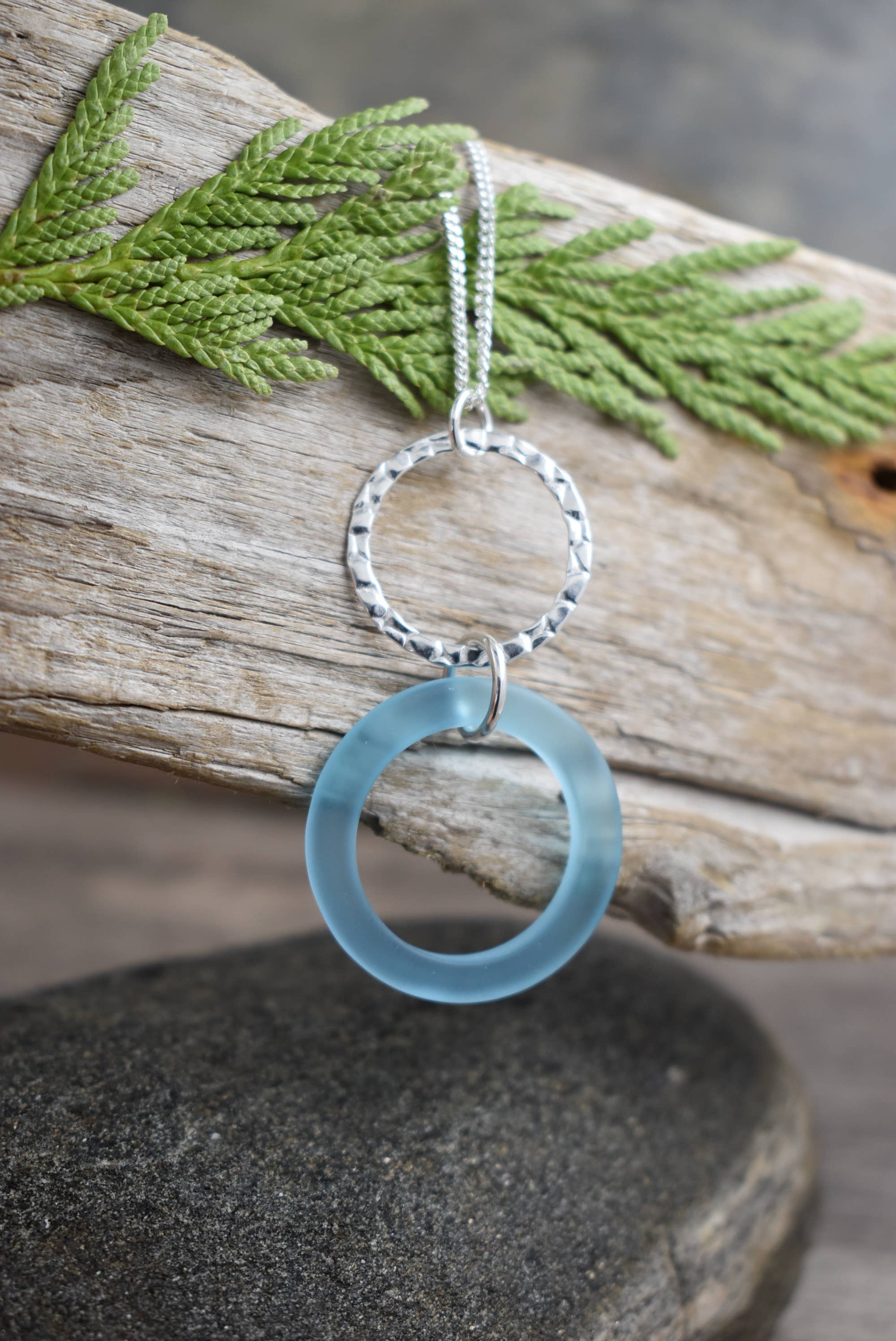 "NEW" NECKLACE - GEOMETRIC PENDANT + AQUA SEAGLASS & Hammered Sterling