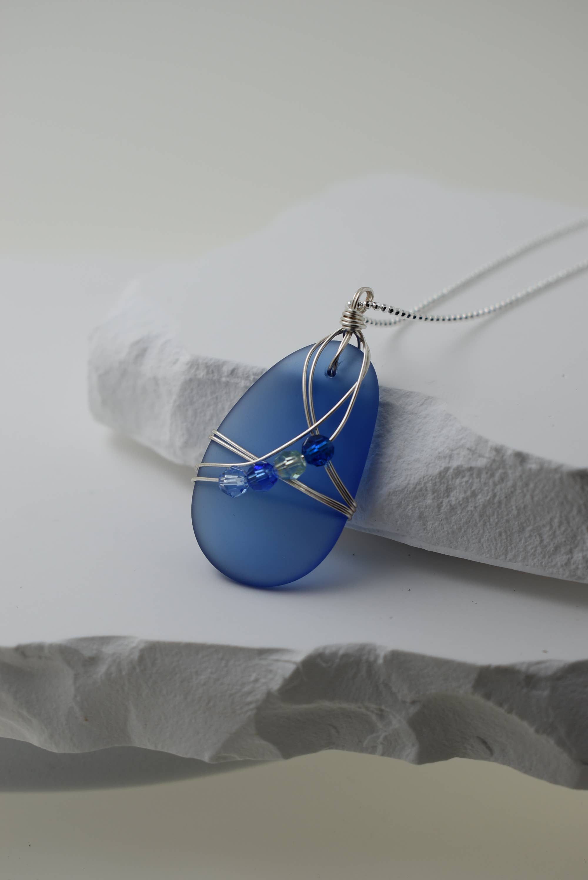 NECKLACE - Sea-Glass Pendant | Sterling Silver & Swarovski Crystals
