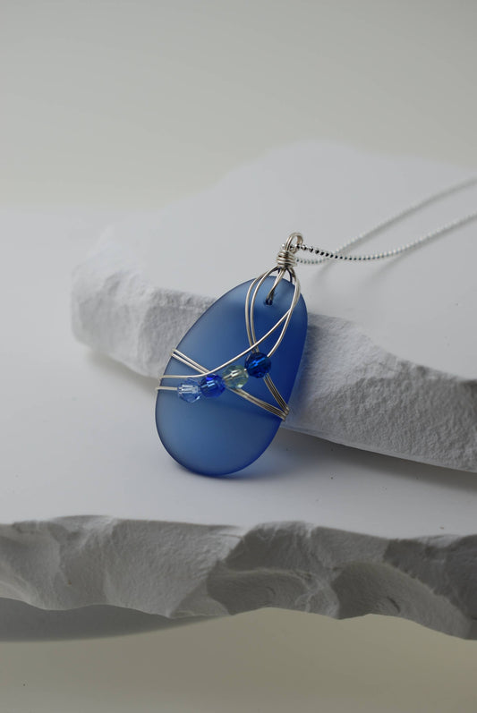 "NEW" NECKLACE - Sea-Glass Pendant | Sterling Silver & Swarovski Crystals