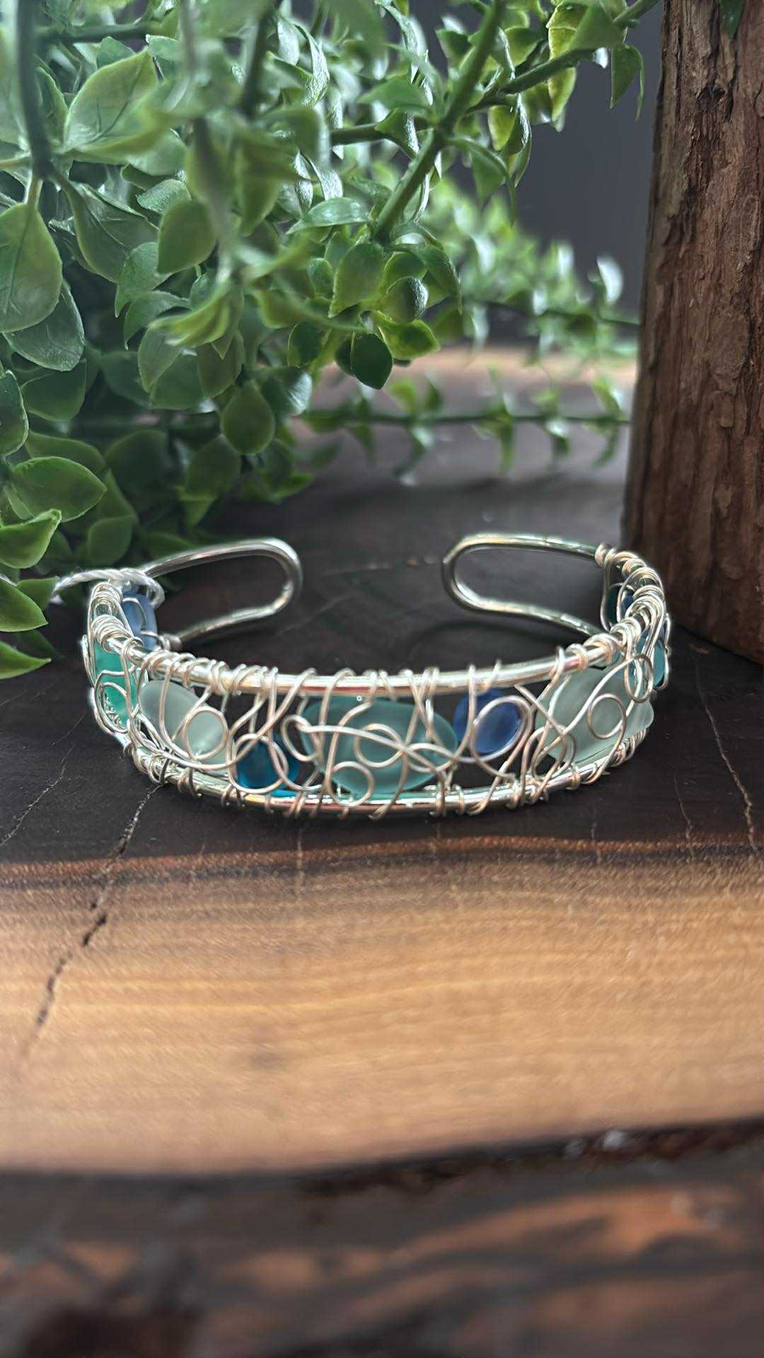CUFF BRACELET - WIRE WOVEN SEA GLASS + AUSTRIAN CRYSTALS